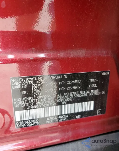 2019 Toyota Rav4 Le z USA, uszkodzony, nr VIN JTMMWRFV7KD017199